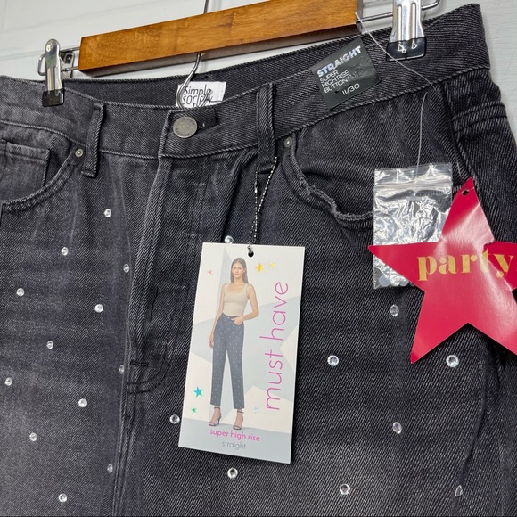 Simply Society Super High Rise Straight Black Gray Gem Polka Dot Jeans - Picture 9 of 12